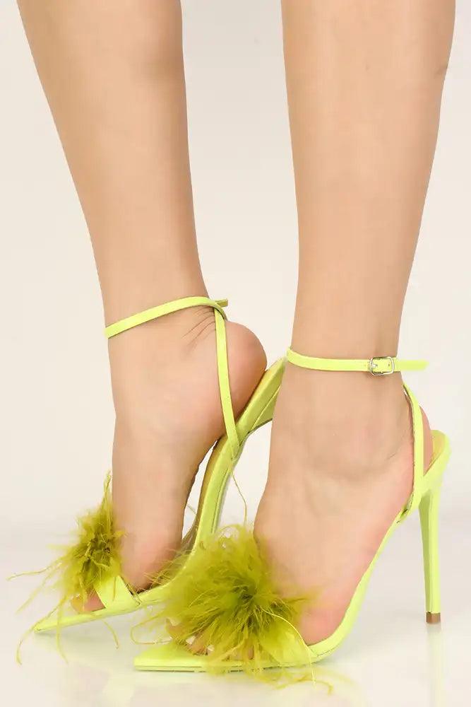 Neon Lime Pointed Toe Feather Fur High Heels - AMIClubwear