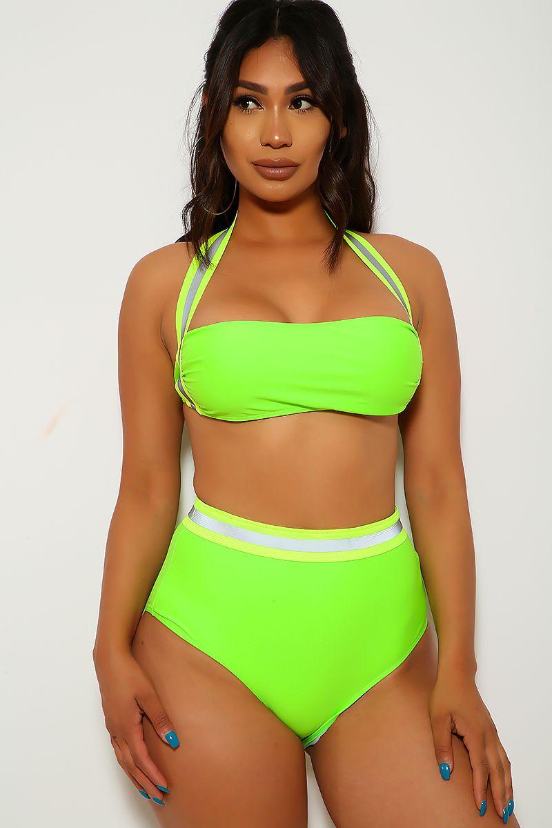 Neon Lime Reflective Two Piece Swimsuit - AMIClubwear