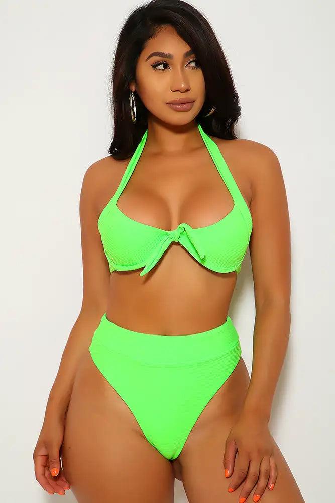 Neon Lime Ribbed High Waist Two Piece Swimsuit - AMIClubwear