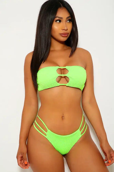 Neon Lime Smocked Strappy Two Piece Swimsuit - AMIClubwear