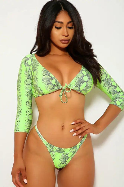 Neon Lime Snake Print Long Sleeve Cheeky Two Piece Swimsuit - AMIClubwear