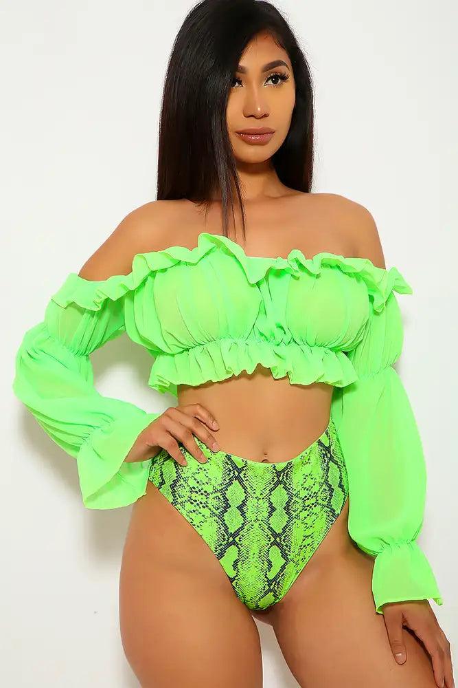 Neon Lime Snake Print Ruffled Two Piece Swimsuit - AMIClubwear