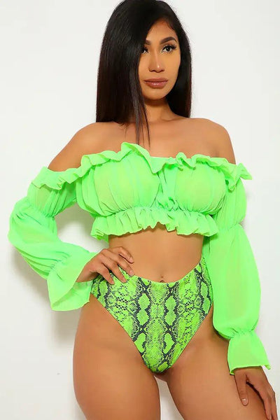 Neon Lime Snake Print Ruffled Two Piece Swimsuit - AMIClubwear