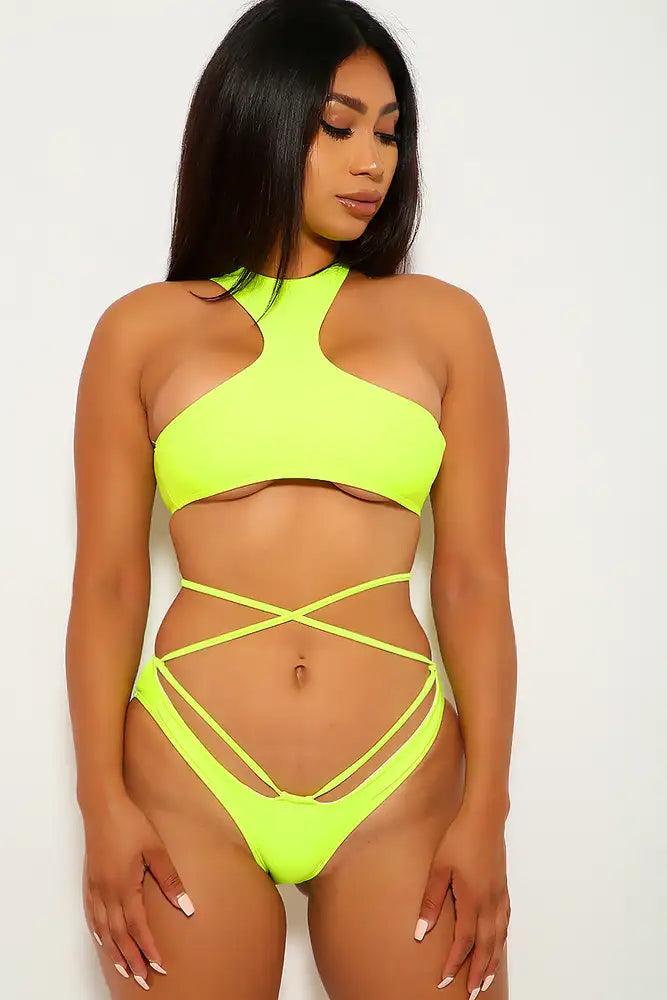 Neon Lime Strappy Two Piece Swimsuit - AMIClubwear