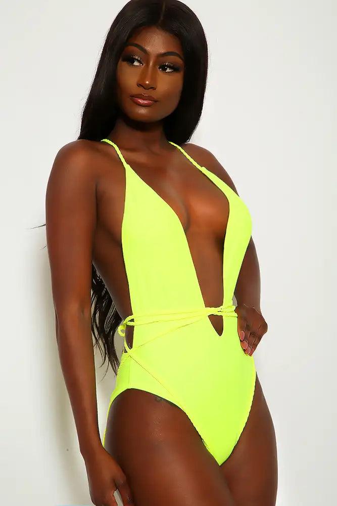 Neon Lime V-Cut Braided One Piece Swimsuit - AMIClubwear