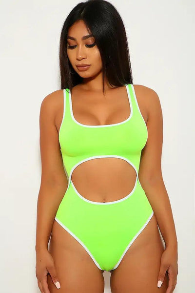 Neon Lime White Cut Out One Piece Swimsuit - AMIClubwear