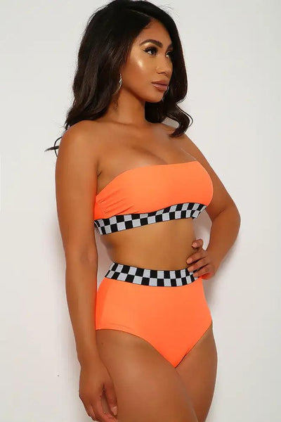 Neon Orange Checkered Bandeau Two Piece Swimsuit - AMIClubwear