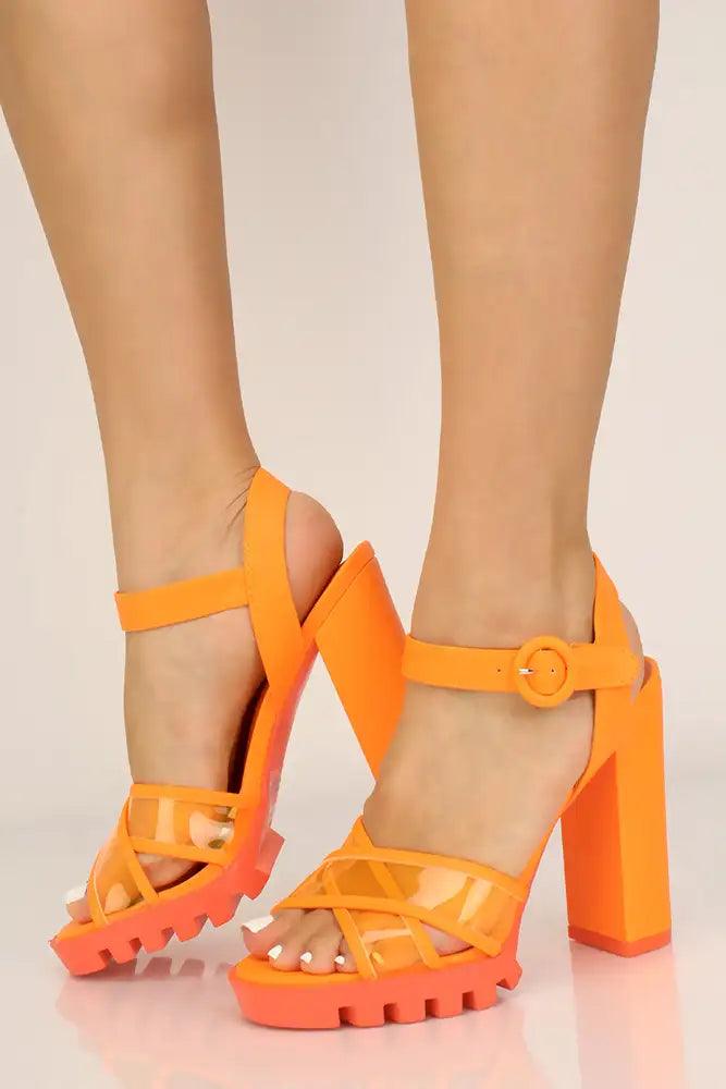 Neon Orange Clear Platform Chunky Heels - AMIClubwear