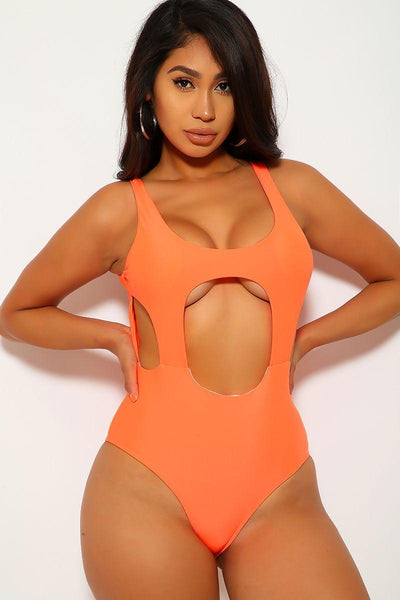 Neon Orange Cut Out Cheeky One Piece Swimsuit - AMIClubwear