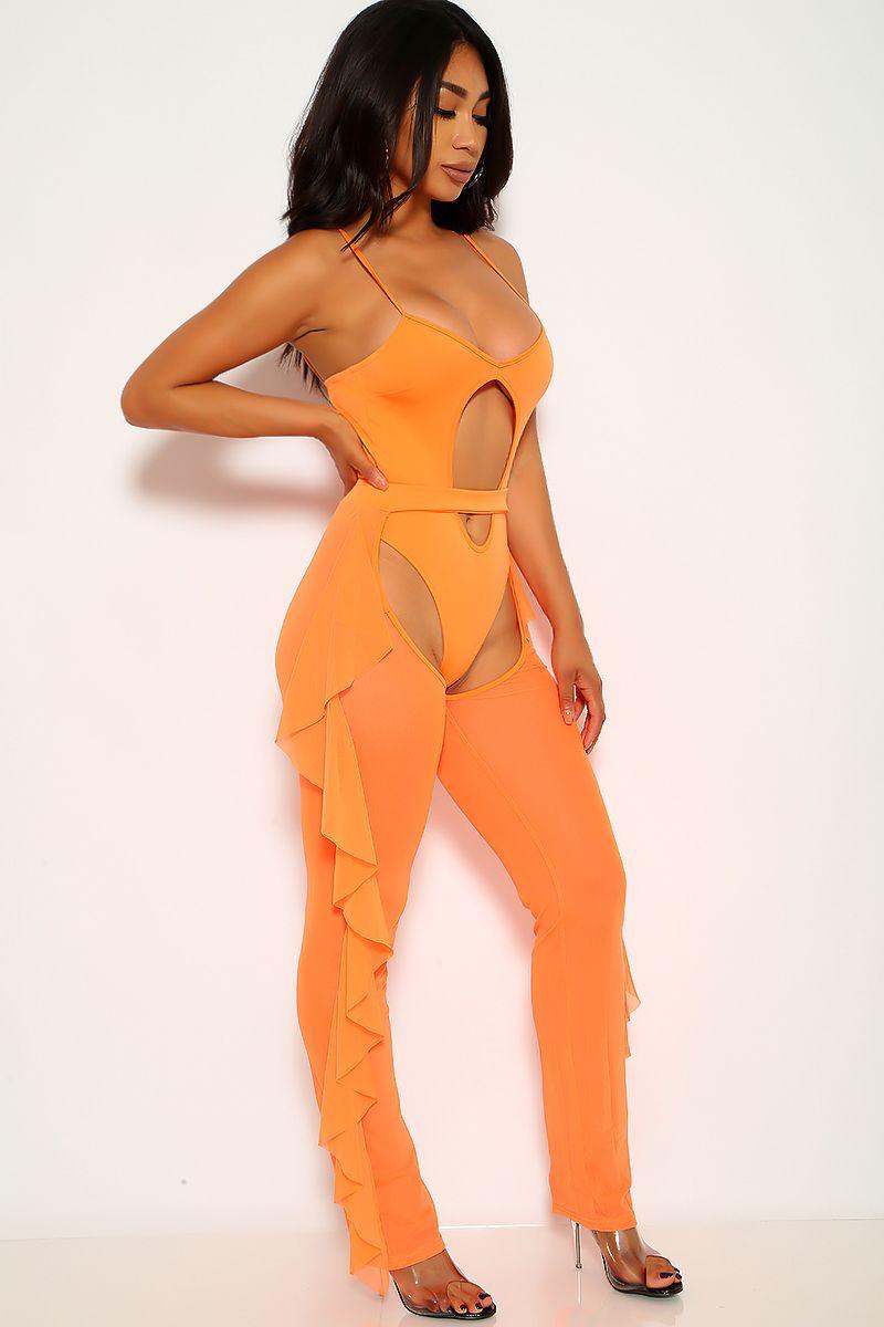 Neon Orange Cut Out Pants Coverup Two Piece Swimsuit - AMIClubwear