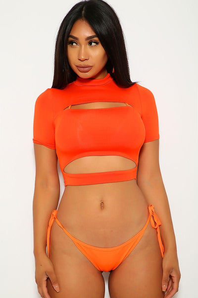 Neon Orange Cut Out Three Piece Swimsuit Set - AMIClubwear