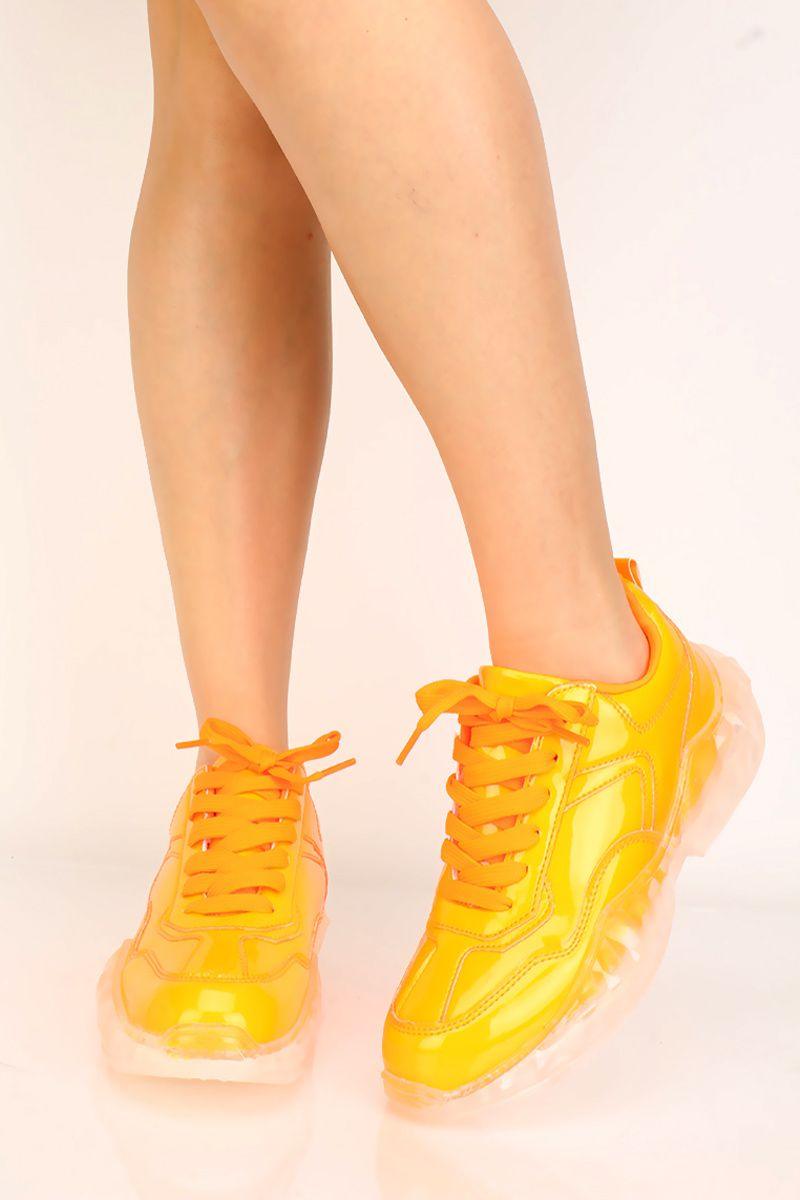 Neon Orange Faux Leather Lace Up Sneakers - AMIClubwear