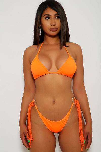 Neon Orange Fringe O-Ring Two Piece Swimsuit - AMIClubwear