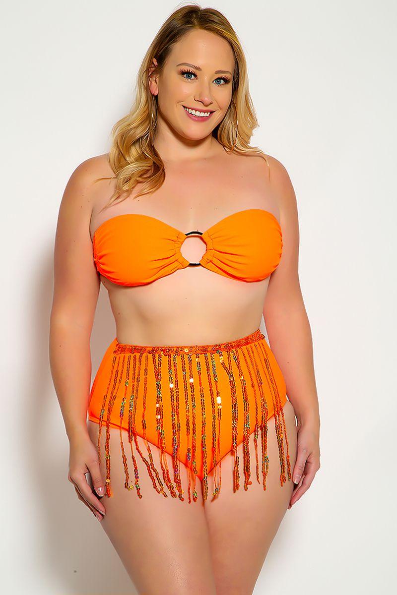 Neon Orange Fringe Sequins Bandeau Plus Size Two Piece Swimsuit - AMIClubwear