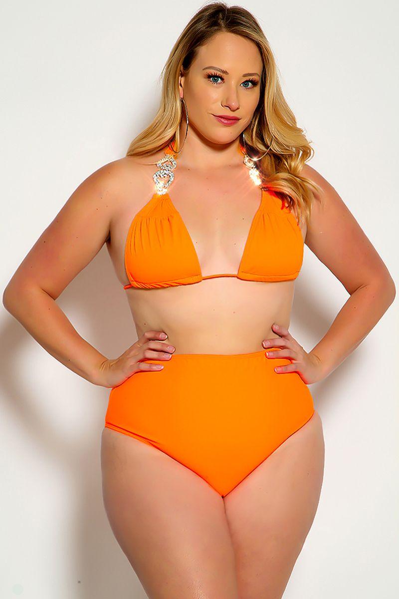 Neon Orange Halter Rhinestone Detail High Waist Plus Size Two Piece Swimsuit - AMIClubwear