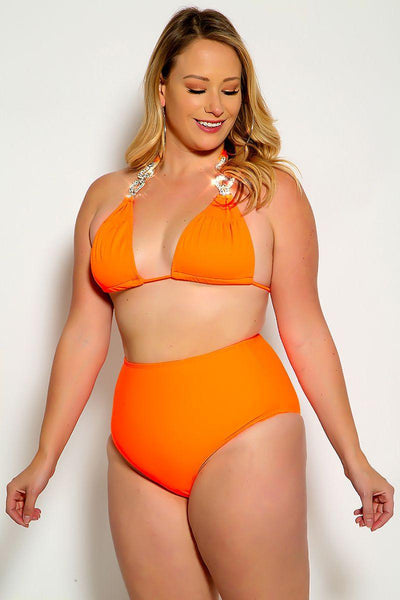 Neon Orange Halter Rhinestone Detail High Waist Plus Size Two Piece Swimsuit - AMIClubwear