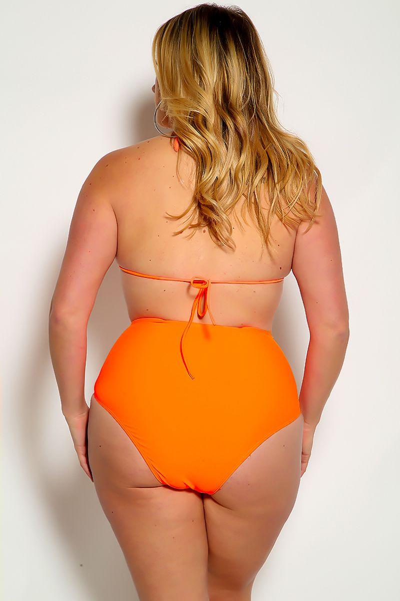 Neon Orange Halter Rhinestone Detail High Waist Plus Size Two Piece Swimsuit - AMIClubwear