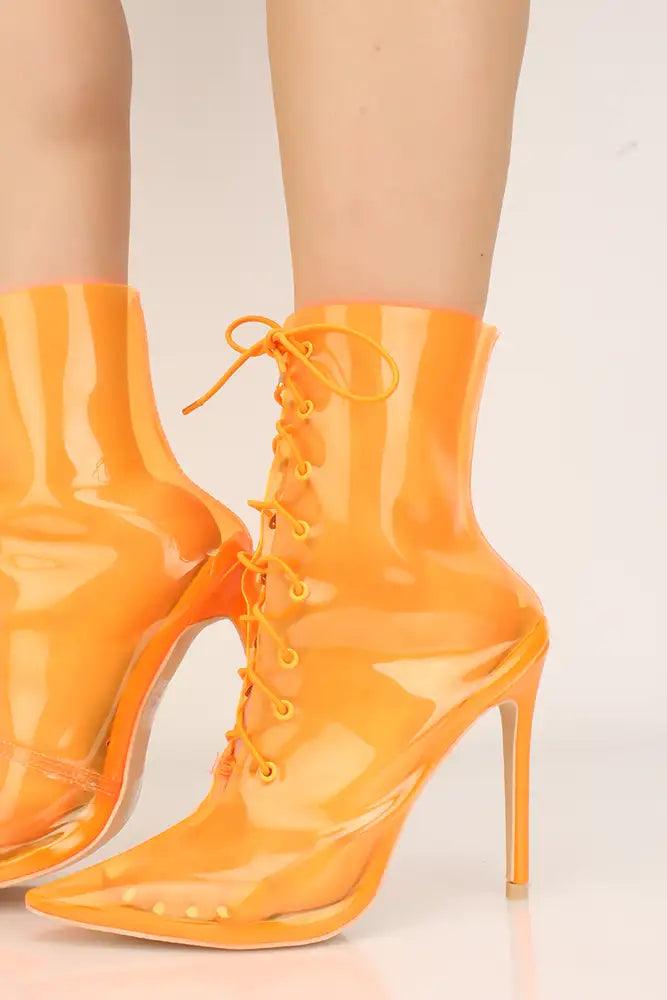Neon Orange Lace-Up Clear PVC High Heel Booties - AMIClubwear