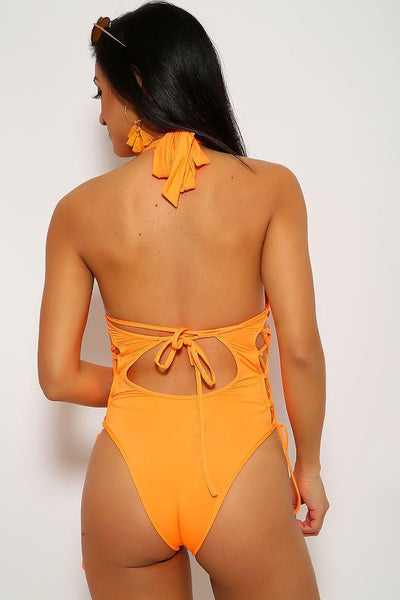 Neon Orange Lace Up Halter One Piece Swimsuit - AMIClubwear