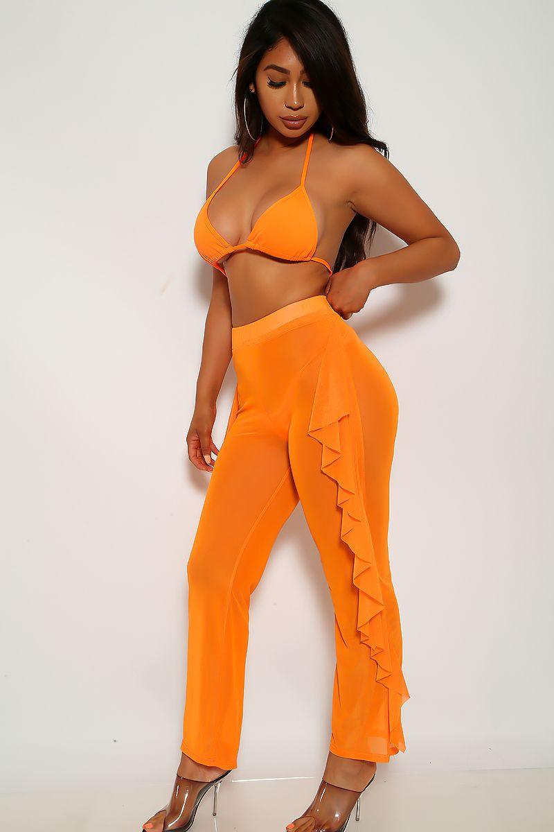 Neon Orange Layered Ruffle Three Piece Swimsuit Cover Up Pants - AMIClubwear