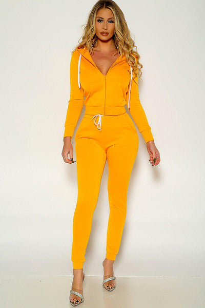 Neon Orange Long Sleeve Hooded Zipper Closure Plus Size Two Piece Outfit - AMIClubwear