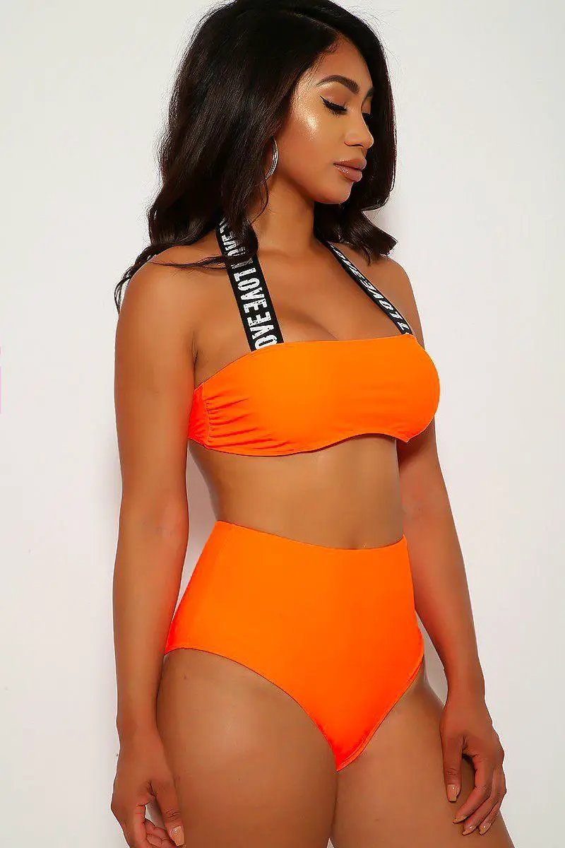 Neon Orange Love Halter High Waist Two Piece Swimsuit