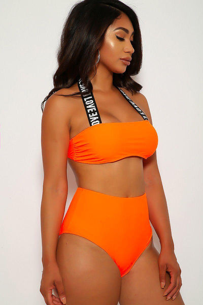 Neon Orange Love Halter High Waist Two Piece Swimsuit - AMIClubwear