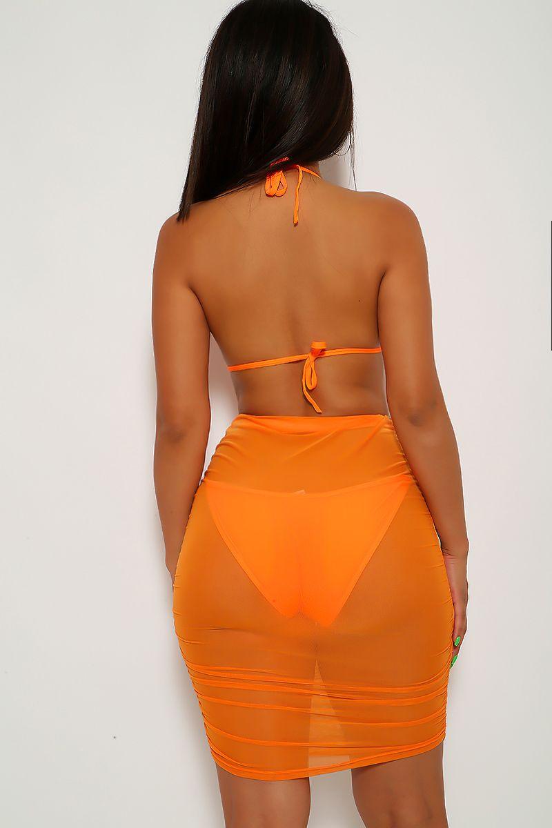 Neon Orange Mesh High Waist Three Piece Swimsuit - AMIClubwear