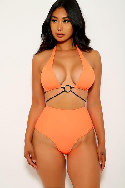 Neon Orange O-Ring Strappy Two Piece Swimsuit - AMIClubwear