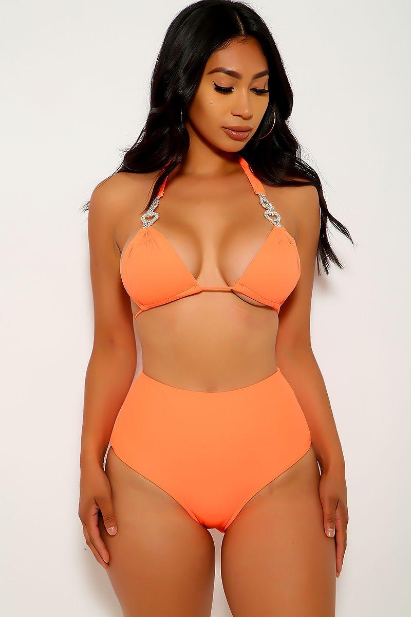 Neon Orange Rhinestone Accent Two Piece Swimsuit - AMIClubwear