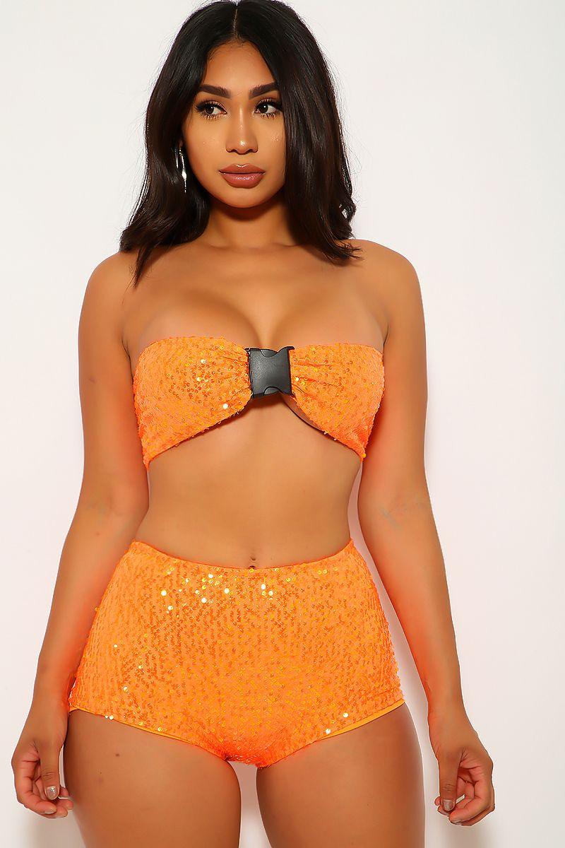 Neon Orange Sequin Strapless Two Piece Swimsuit - AMIClubwear