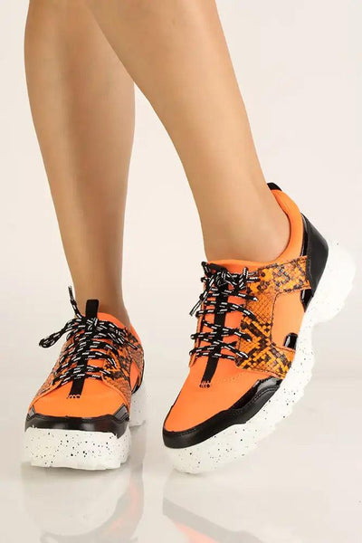 Neon Orange Snake Print Casual Sneakers - AMIClubwear