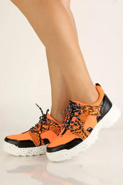 Neon Orange Snake Print Casual Sneakers - AMIClubwear