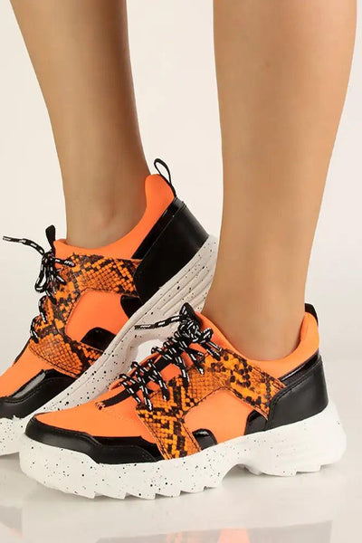 Neon Orange Snake Print Casual Sneakers - AMIClubwear