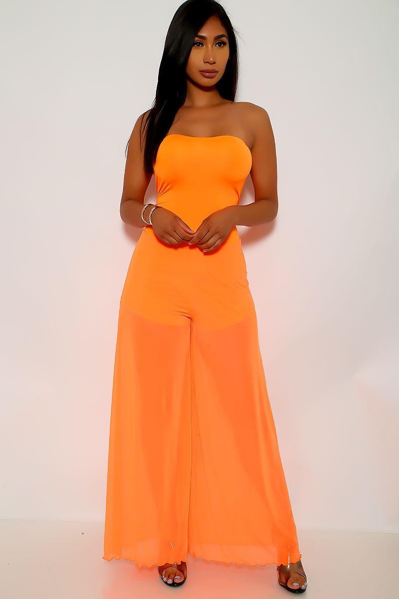 Neon Orange Strapless Flared Jumpsuit - AMIClubwear