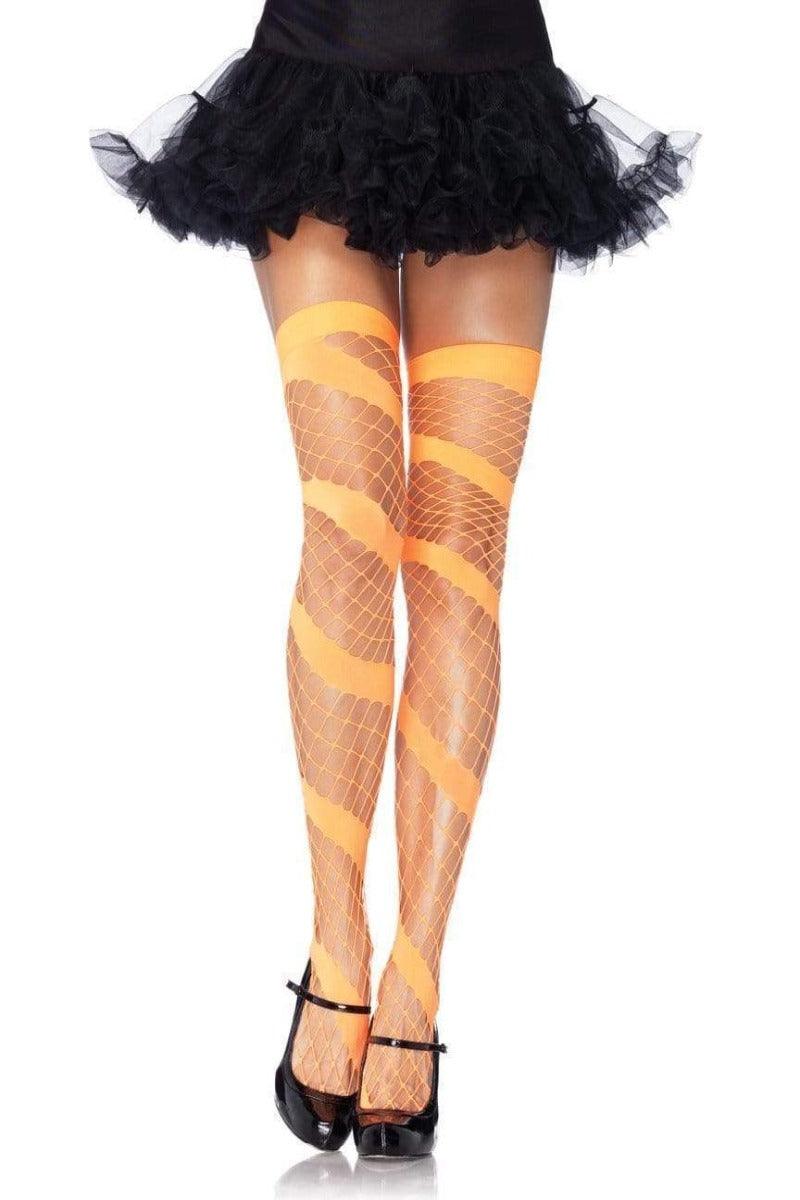 Neon Orange Swirl Diamond Net Thigh Highs - AMIClubwear