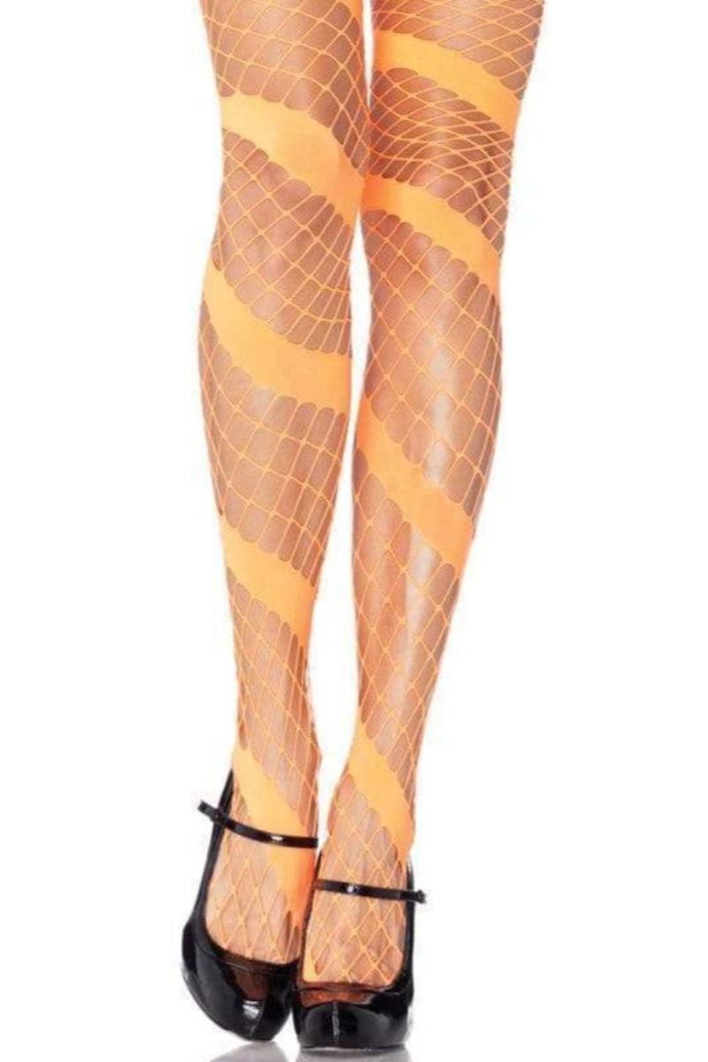 Neon Orange Swirl Diamond Net Thigh Highs - AMIClubwear