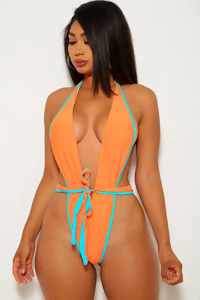 Neon Orange Turquoise Plunging One Piece Swimsuit - AMIClubwear