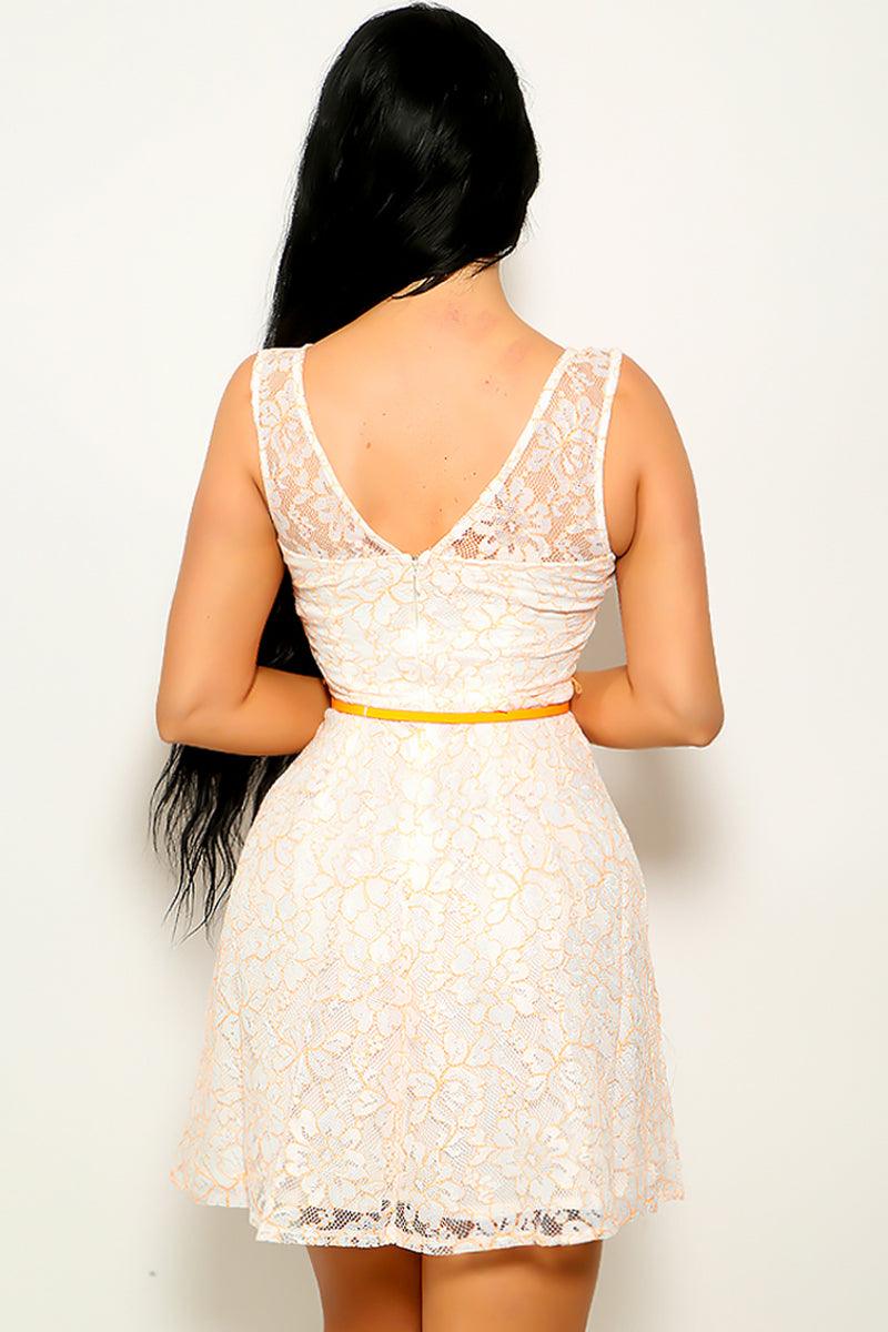 Neon Orange White Scoop Neck Lace Belted Dress - AMIClubwear