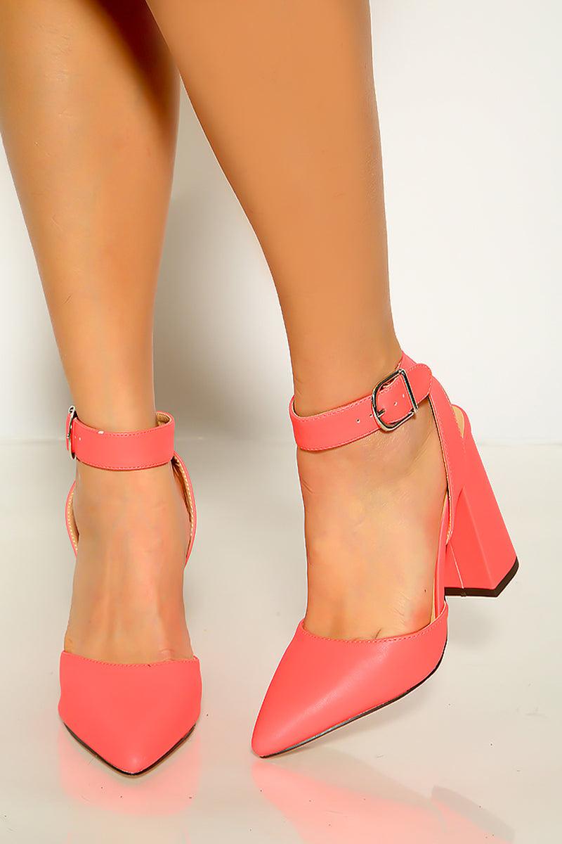 Neon Pink Ankle Buckle Pointy Toe Chunky Heels - AMIClubwear