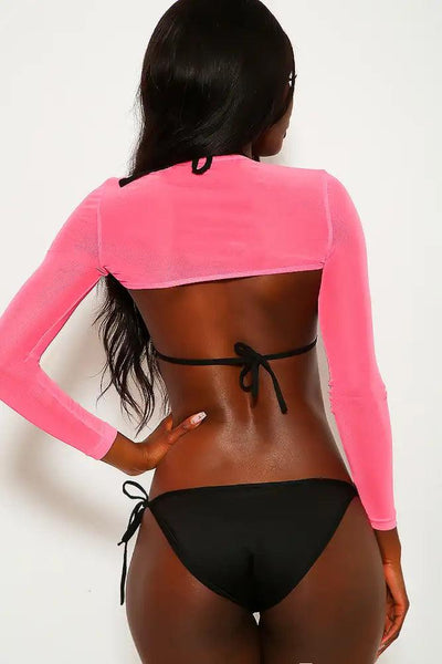 Neon Pink Black Buckle Swimsuit Set - AMIClubwear