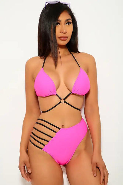 Neon Pink Black O-Ring Two Piece Swimsuit - AMIClubwear