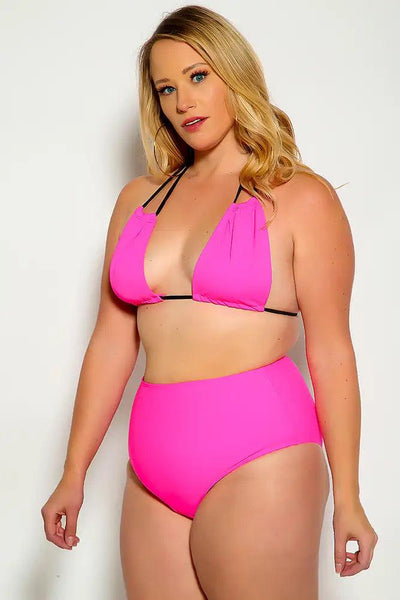 Neon Pink Black Plus Size Strappy Halter High Waist Two Piece Swimsuit - AMIClubwear