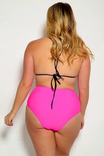 Neon Pink Black Plus Size Strappy Halter High Waist Two Piece Swimsuit - AMIClubwear