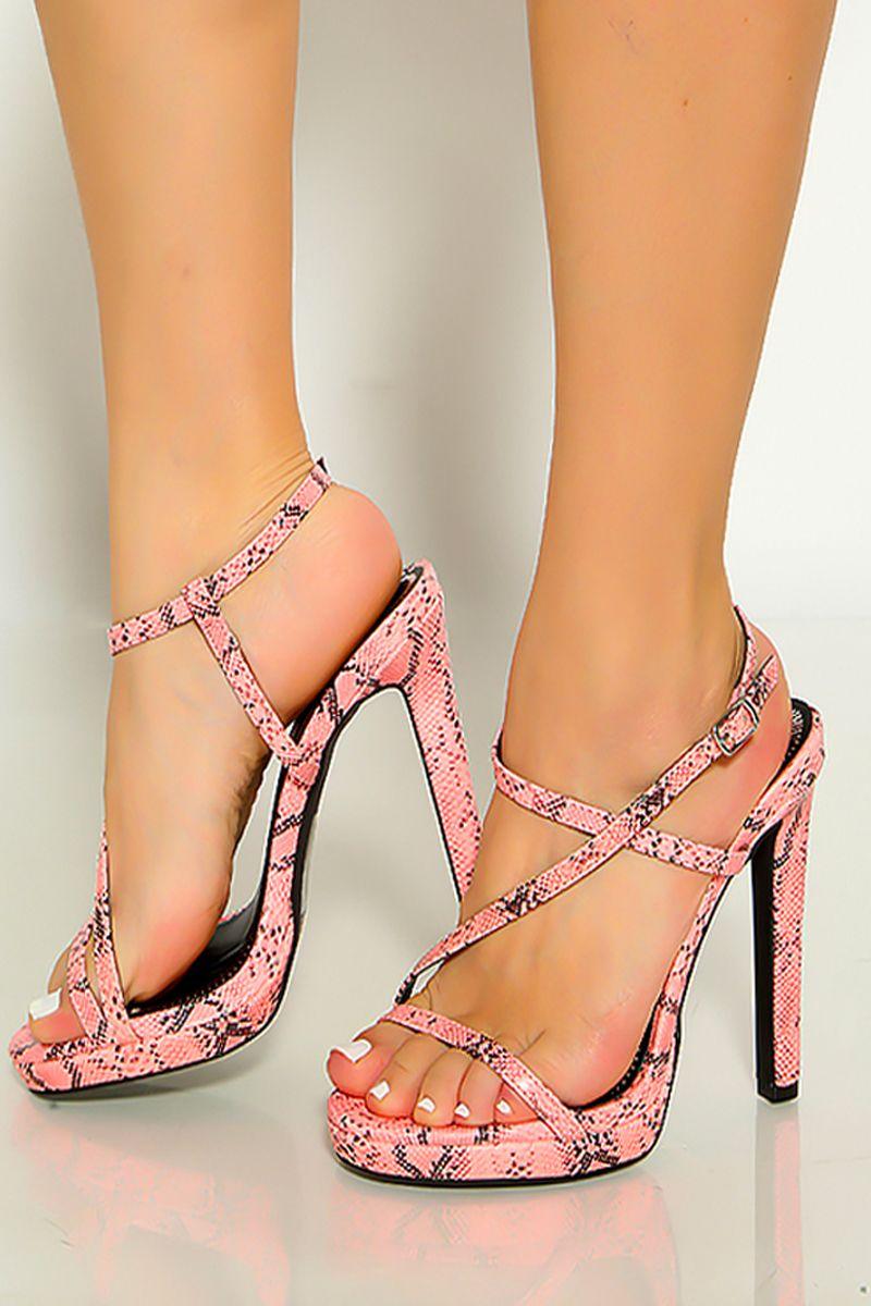 Neon Pink Black Snake Print Strappy High Heels - AMIClubwear