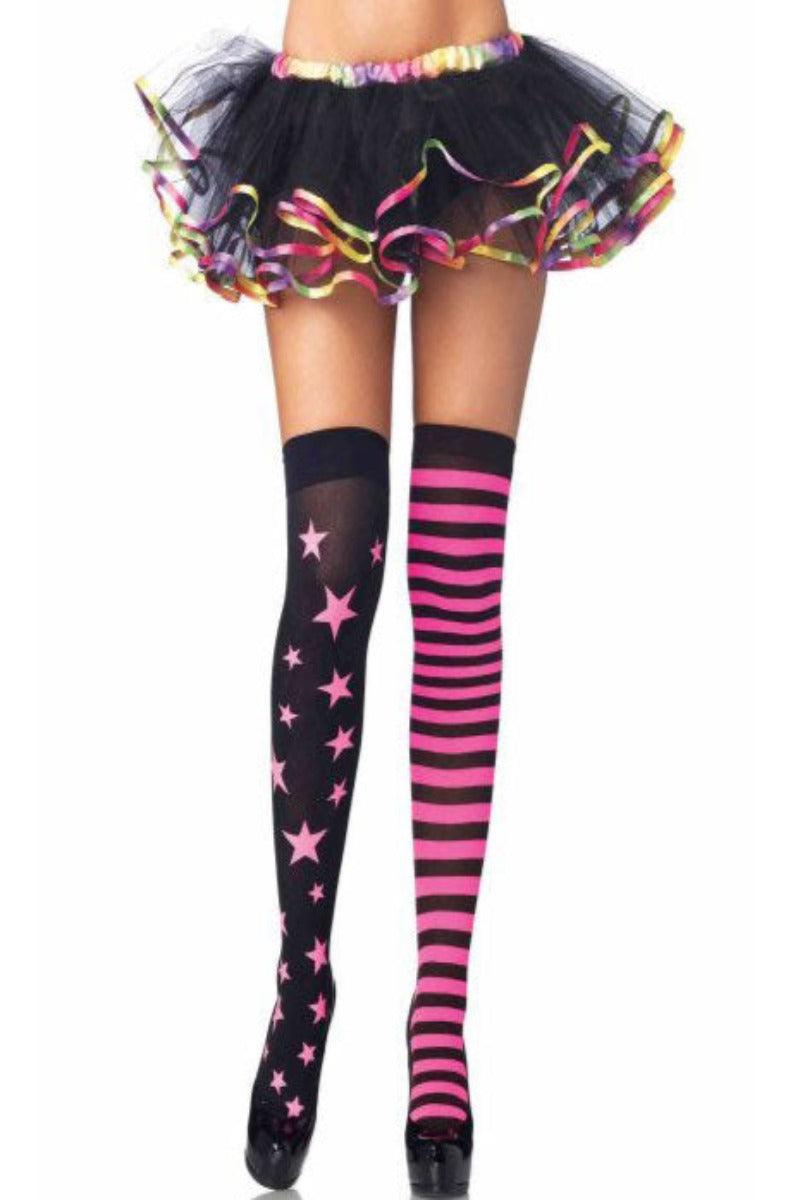 Neon Pink Black Stars Stripes Thigh Highs - AMIClubwear