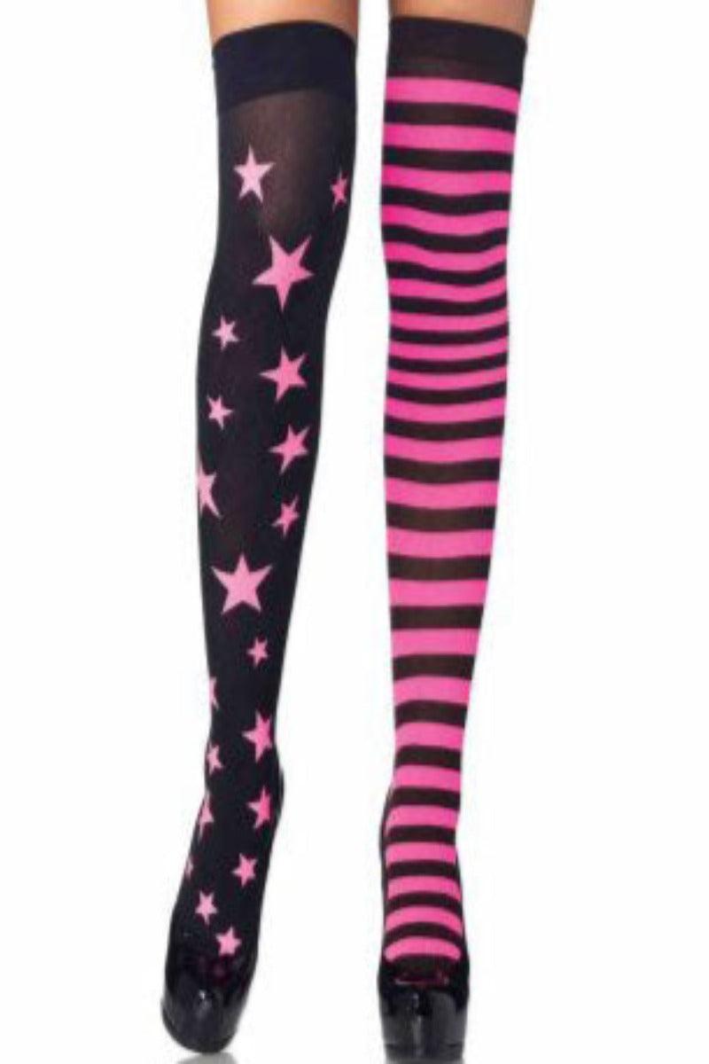 Neon Pink Black Stars Stripes Thigh Highs - AMIClubwear