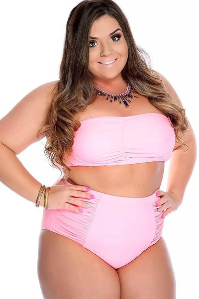 Neon Pink Bold Halter Top Ruched High Waist Two Piece Swimsuit Plus - AMIClubwear