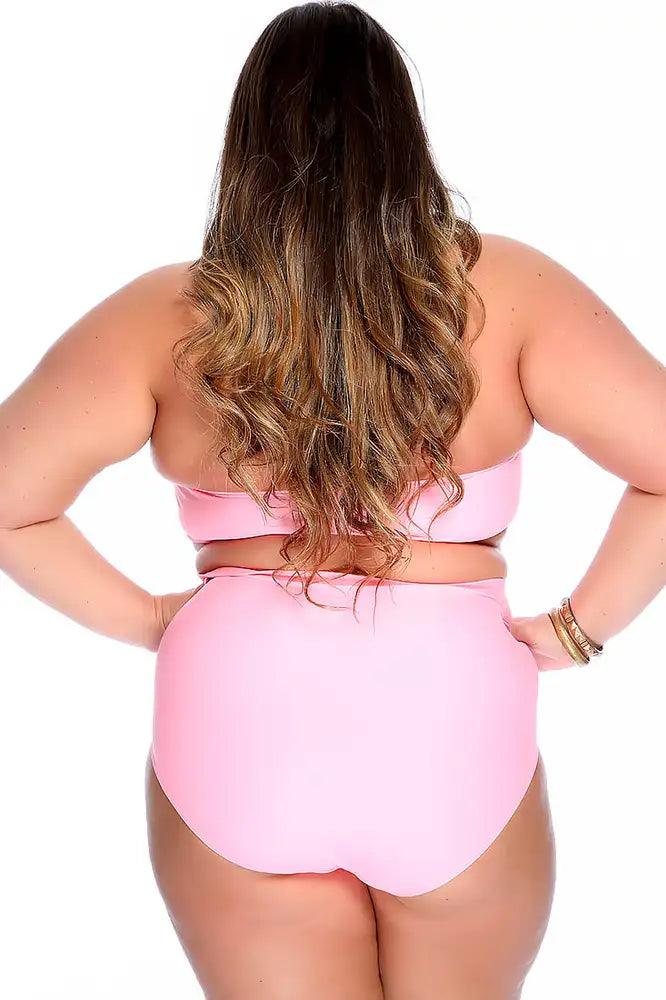 Neon Pink Bold Halter Top Ruched High Waist Two Piece Swimsuit Plus - AMIClubwear