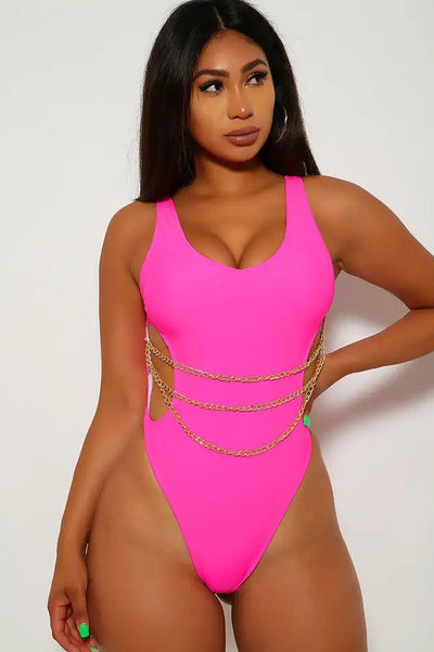 Neon Pink Cut Out Chain Cheeky Monokini - AMIClubwear